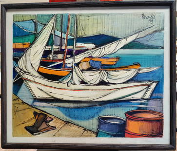 Lucio Ranucci Modernist O/C Harborscape 1969: Lucio Ranucci (Italy, 1925 - 2017) O/C Modernist Harbor Scene painting dated 1969. Very good condition, with light scuffing marking in the white canvas border. Nicely framed in a MCM Driftwood