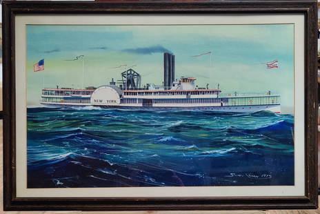 Steven Cryan Gouache Illustration Paddleboat at Power, NY: Steven Cryan (Connecticut, 20/21st c.) gouache painting of a Paddleboat, New York, flying the American Flag. Work is in excellent condition. Period wood framed in very good condition, with edge wear.