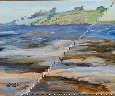W A Drake O/B New England Impressionist Rocky Shore 1927: William Alexander Drake (New Jersey, New York, Canada, 1891 - 1979) O/B painting, in very good condition and not framed. Signed lower right and dated 1927. Noted in Sharpie on verso.