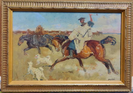 Bela Juszko O/B Painting Titled Riding on the Steppe: Bela Juszko (Hungary, Austria, 1877 - 1969) O/B in very good condition and nicely gilt framed. Titled "Chevauchee dans la Steppe", with information page taped to verso. Signed lower right. 13" x