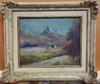 Illegibly Signed O/B Impressionist Snowy Mountain Landscape