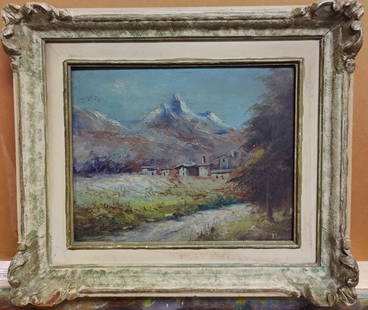 Illegibly Signed O/B Impressionist Snowy Mountain Landscape: A well done Snowy Village Mountain Landscape c. 1940s. Signed illegibly lower right. Period framed in an ornate washed gilt frame. Frame has wear and chipping. 11" x 8.75" sight.