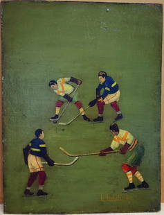 Lawrence Lebduska WPA Era O/B Ice Hockey c. 1930s: Lawrence A. Lebduska (New York, Maryland, Germany, 1894 - 1966) c. 1930s O/B painting of an Ice Hockey Match. Very good condition and unframed. Signed L. Lebduska lower right.