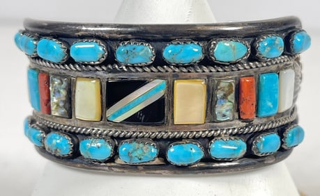 Attb. Leroy Thomas Native American Sterling Silver Multi Gem Cuff Bracelet