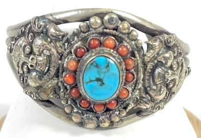 Art Deco Chinese Silver Turquoise & Coral Cuff Bracelet