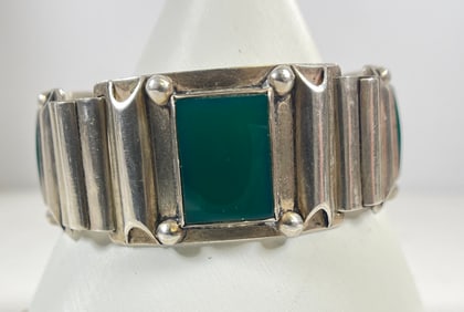 Art Deco Bjarne Meyer Sterling Silver & Green Agate Bracelet