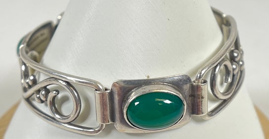 Art Deco Sterling & Green Agate Bracelet