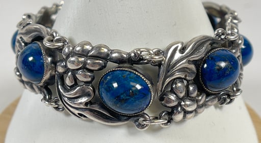 Art Nouveau Sterling Silver & Blue Lapis Bracelet