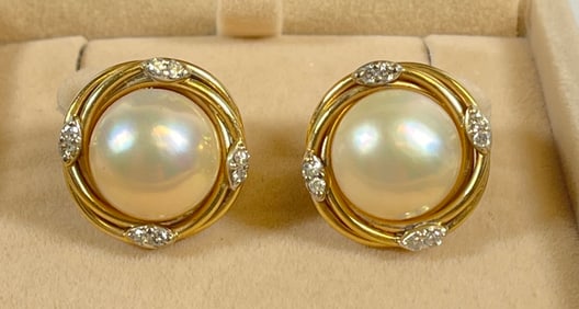 Pair 14k Yellow Gold Diamond & Pearl Earrings
