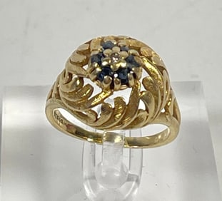 Vintage 14k Yellow Gold Sapphire & Diamond Ring size 8