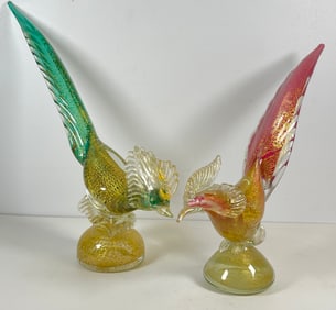 Pair of Murano Glass Bird Phesants Gold Fleck