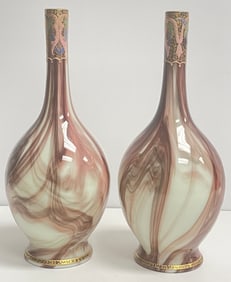 Pair Johann Loetz "Onyx" Marbleized Glass & Enamel Vases