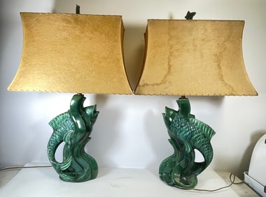 Pair Mid Century Haeger Green Ceramic Fish Lamps