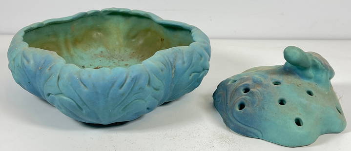 Antique Van Briggle Pottery Bowl w/ Turtle Flower Frog: Antique Van Briggle Pottery Bowl in Turquiose Blue. Fully Marked. Bowl measures 7.5 inches square, 2.75 inches high - turtle measures 3.5 inches high, 5.25 inches long x 4.75 inches wide. Overall good