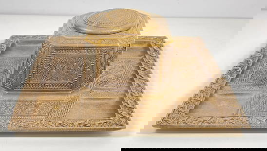 Large Tiffany Studios Venetian Inkwell Tray Combo: Large Tiffany gilt bronze inkwell and tray combination in the decorative Venetian pattern. Original clear glass insert. Measures 4 inches with a 9.625 inch square tray. Impressed "Tiffany Studios, New