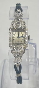 Art Deco Diamond & Platinum Ladies Wrist Watch 14k Clasp