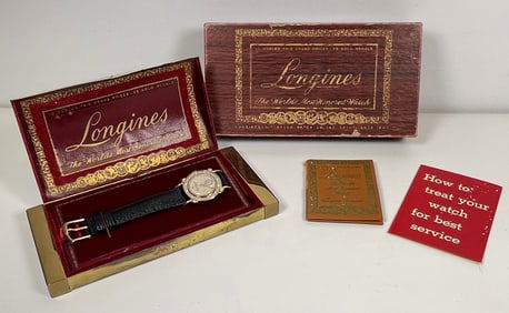 Mid Century 14k Gold & Diamond Longines Knotted Lug Case Watch Original Box