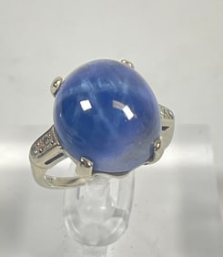 c1940 14k White Gold Diamond & Star Sapphire Ring size 5.5