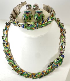 Mexico Sterling Silver & Polychrome Enamel Snake Jewelry Suite