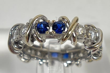 Vintage 14k White Gold Diamond & Sapphire Eternity Band size 7
