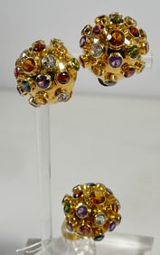 Mid Century H Stern Sputnik 18k Gold & Gemstone Earring & Ring sz 7 Set