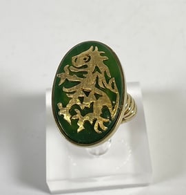 Vintage 14k Yellow Gold & Jade Dragon Ring size 9