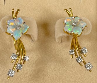 Art Nouveau 18k Yellow Gold Diamond & Carved Opal Earrings