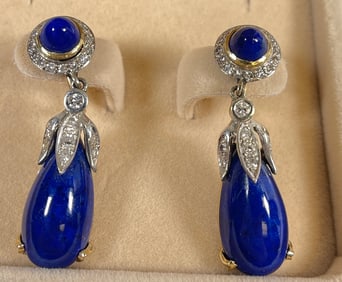 Art Deco 14k Yellow Gold Diamond & Lapis Earrings