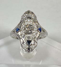 Art Deco 18k White Gold Diamond & Sapphire Ring size 5