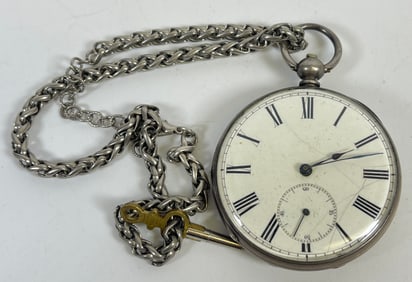 19th Century Coin Silver Key Wind Pocket Watch & Chain