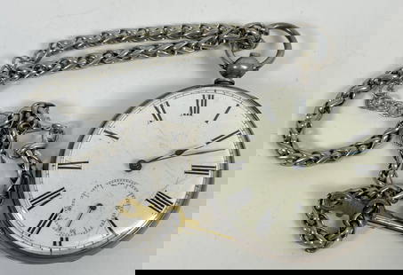 19th Century Coin Silver Key Wind Pocket Watch & Chain: Inside marked Argent T13JBC. Interior of watch chased with figural woman. Overall good condition, some cracking to the enamel face, see photos. Chain measures 15.5 inches long. Measures 2 inches in di