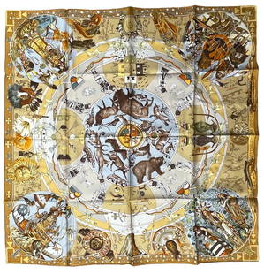 Hermes Silk Scarf "Les Mythologies des Hommes Rouges" Never Worn: This is a classic 90cm Carre Hermes Silk Scarf made in Paris dating from the late 80's or 90's. Titled "Les Mythologies des Hommes" with a Native American Indian Cultural Design with animals and figur