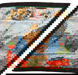 Hermes Scarf Christophe Colomb Decouvre l'Amerique NIB: Vintage Hermes Christoph Colomb d'ecouvre l'Amerique 12 Octobre 1492 (Christopher Columbus discovers America) jacquard silk scarf designed 1992 by Carl de Parcevaux. Hand rolled and stitched edges. Or