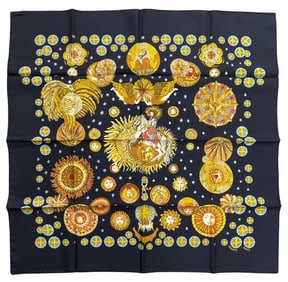 Hermes Carre Muffler 90 LE ROY SOLEIL Sun King Silk Black Scarf Barneys