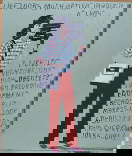 Javier Mayoral Outsider Art Life Looks Better Through A Lens: Javier Mayoral (Spain, New York, Miami, b. 1961 - ) Outsider folk art oil on panel titled "Life Looks Much Better Through A Lens" and captioned "I LIKE TO VENTURE OUT WITH OBSOLETE VIDEO EQUIPMENT BEC
