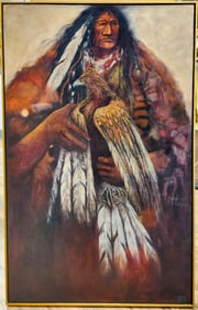 Loren Willis O/C Native American in Full Dress Holding Eagle
