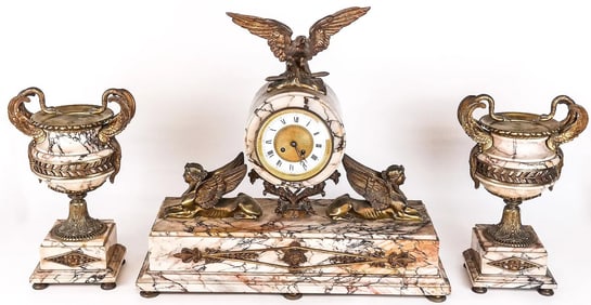 3 Piece Egyptian Revival Bronze & Sienna Marble Clock Set