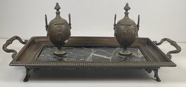 Neoclassical French Bronze & Marble Double Inkwell