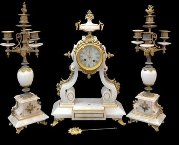 19th Century Louis XVI French Gilt Metal & Bronze Clock Set