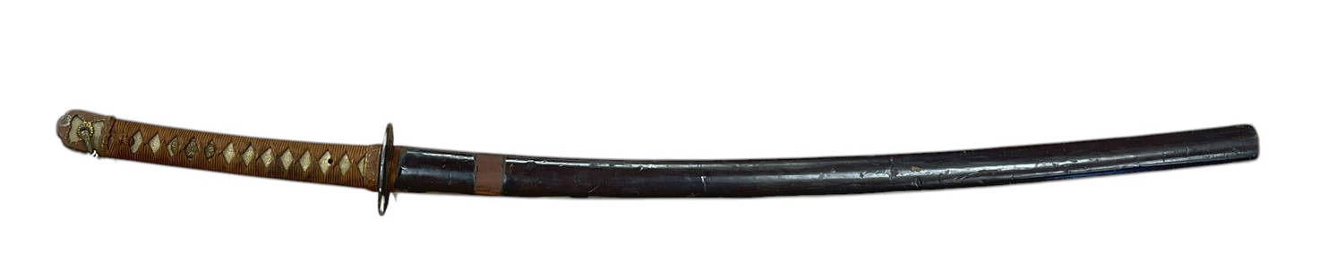 Antique Japanese Samurai Sword: Cloth wrap with shagreen hilt, iron tsuba, signed under hilt. See photos. Measures 39 inches long (not measuring sheath). Overall good condition.