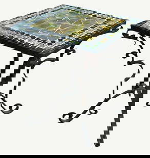 Steuben Mosaic Side Table: American, 1920s. A rare Steuben mosaic glass side table, featuring several bands of black and gold aurene tiles, with the center mosaic comprised of geometric aurene pieces forming a square. The mosai