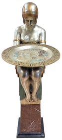 Art Deco Style Polychrome Bronze Stylized Woman Holding Tray