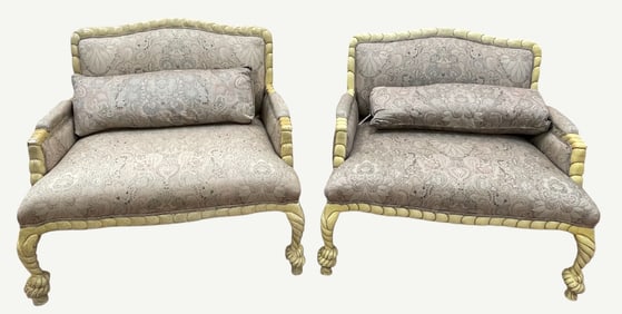 Pair of Knot Carved & Paint Decorated Upholstered Love Seats