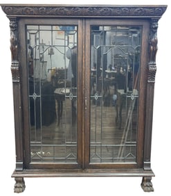19th Century Carved Griffin Oak Bookcase w Leaded Glass Doors