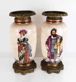 Large 19th Century Pair of Hand Decorated Porcelain Portrait Urns