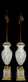 Pair Neoclassical French Empire Dore Bronze & Crystal Lamps