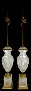 Pair Neoclassical French Empire Dore Bronze & Crystal Lamps: Lamps measure 36 inches to the sockets. 5 inches square across the bottom. Overall good condition.