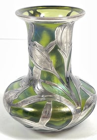 Alvin Sterling Silver over Loetz Iridescent Art Glass Vase
