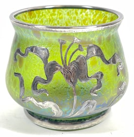 Art Nouveau Sterling Overlay Loetz Iridescent Art Glass Vase