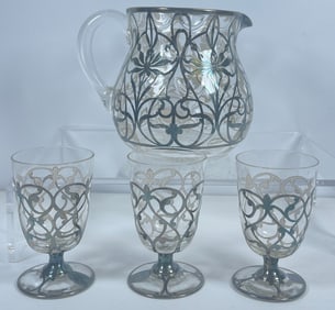 Alvin Art Nouveau Sterling Silver Overlay Pitcher & Glasses Set